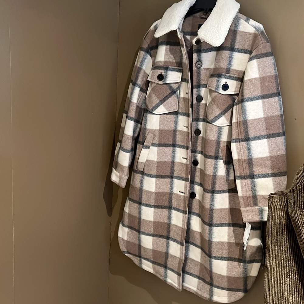Sanctuary Women's Wool Plaid Winter Midi Coat with Faux Fur Collar Sz L NWT